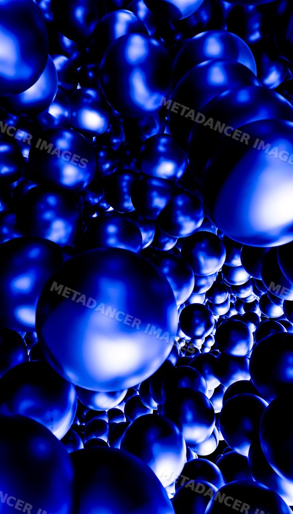 Digital abstract art with numerous reflective blue spheres clustered