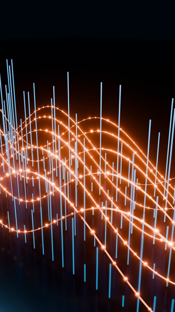 Digital data visualization showing glowing orange wave patterns intersected by blue vertical lines forming network nodes.