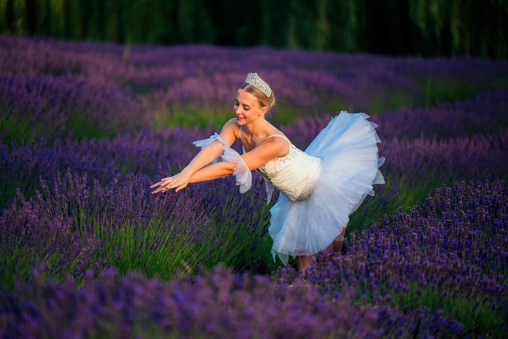 A dancer in a white costume and headpiece gracefully poses in a blooming lavender field, WA, USA.