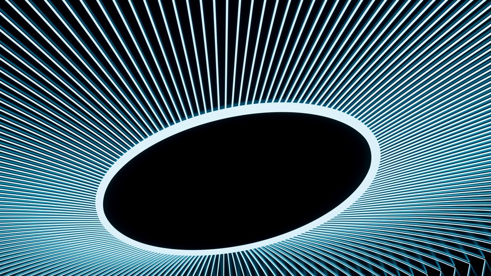 Digital art illustration features a symmetrical circular design with radiating blue lines around a black center.