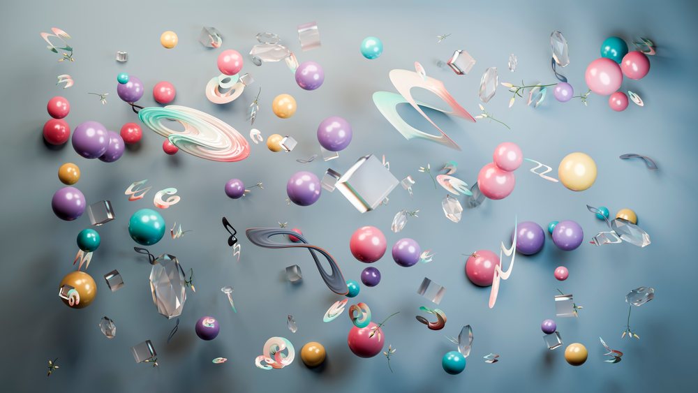 Colorful abstract spheres, transparent crystals, and geometric shapes float against a smooth blue background in a digital 3D illustration.