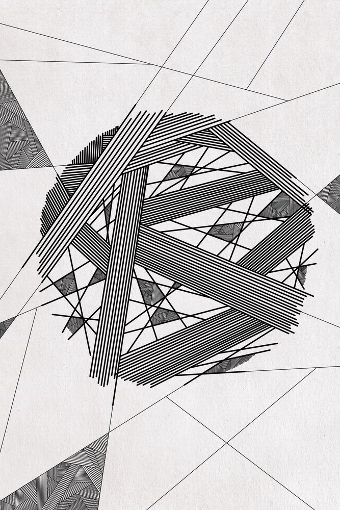 Abstract black and white geometric illustration with overlapping striped lines and shapes.