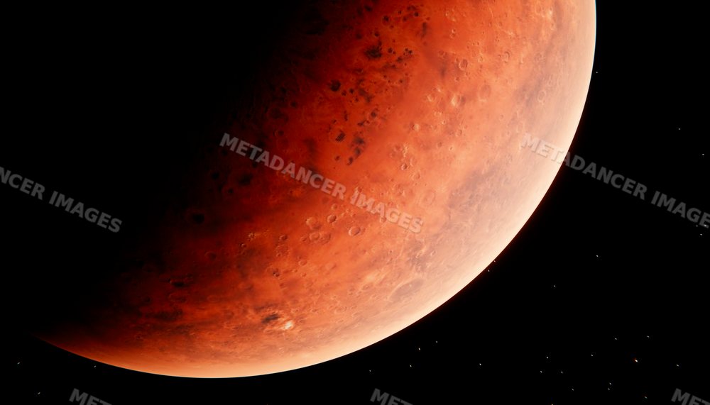 Detailed close-up view of a red planet with craters in outer space
