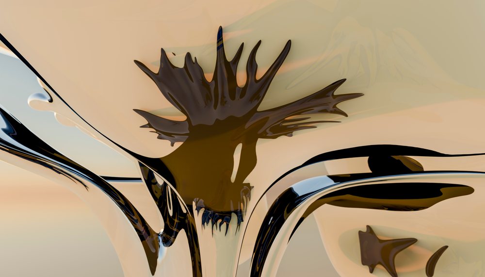 An abstract liquid metal splash with smooth and glossy flowing shapes