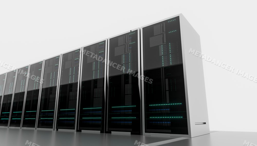 A row of server racks in a data center with illuminated indicator