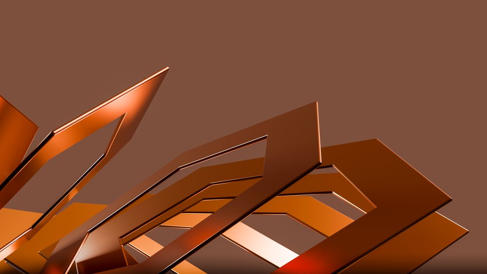 Contemporary abstract sculpture of orange metallic geometric shapes with reflective surfaces against a brown background.