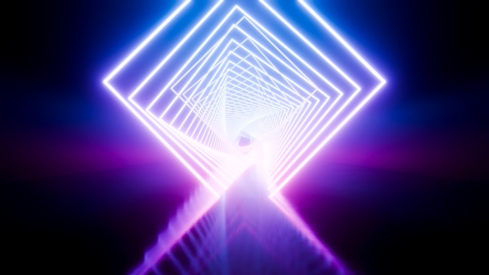 Glowing neon squares form a purple and blue light tunnel over a reflective floor against a dark background.