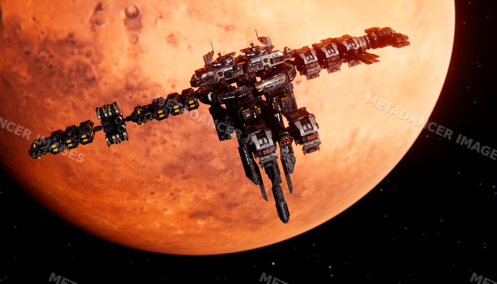 A futuristic space station orbiting a red planet in outer space