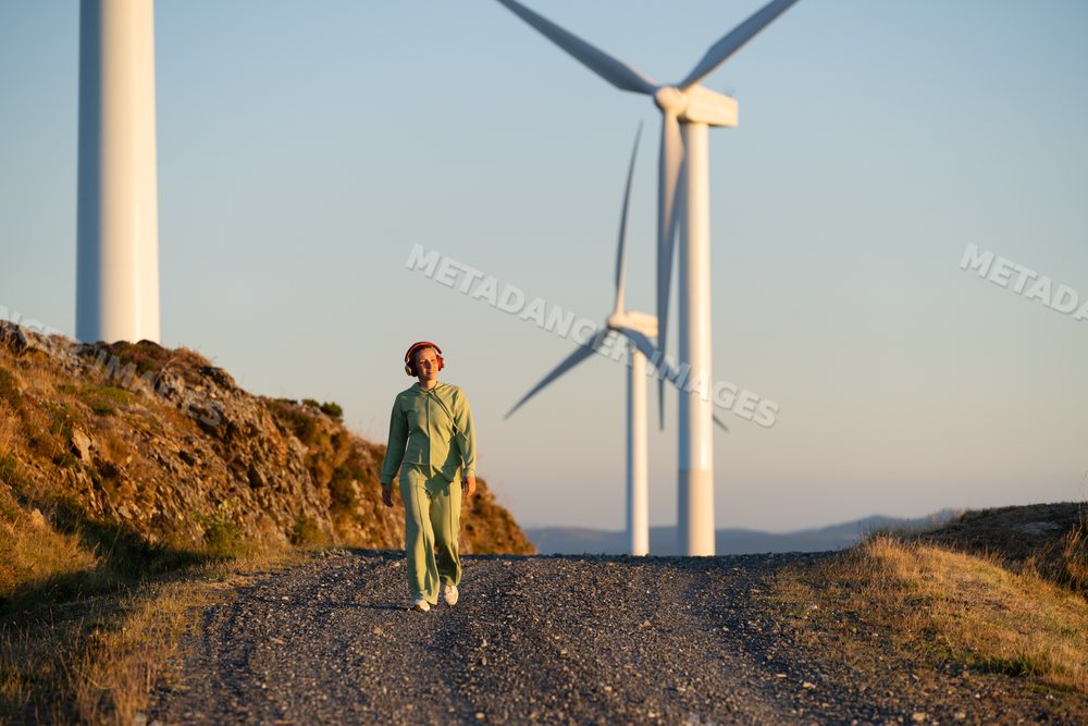 A white woman in a green tracksuit walks near wind turbines in Galicia