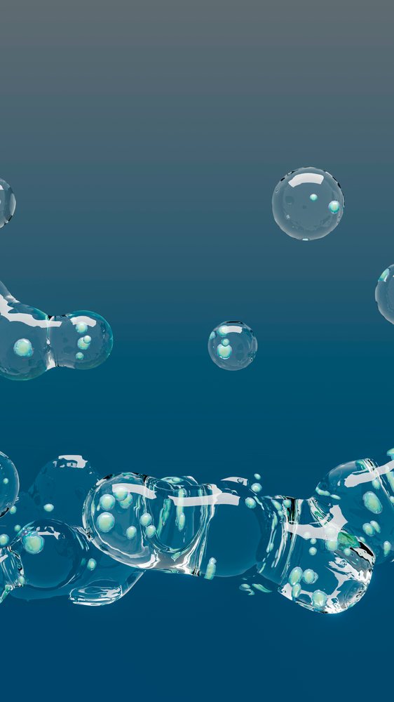 Transparent water bubbles floating against a blue background in a 3D illustration.