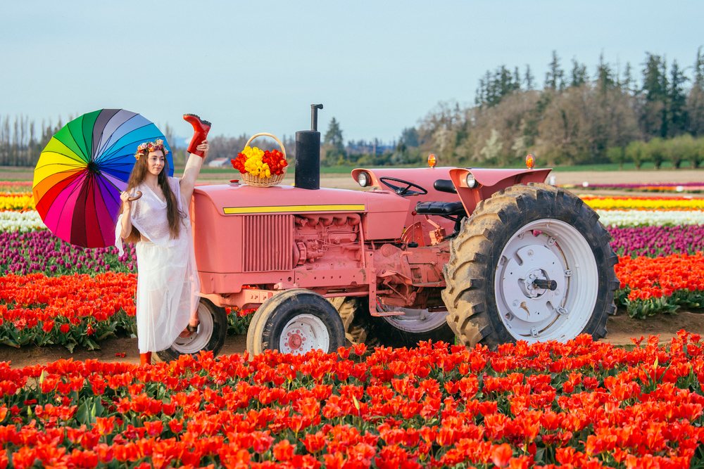 Woman wearing a white dress and flower crown holds a rainbow umbrella beside a red tractor in a vibrant tulip field, USA.