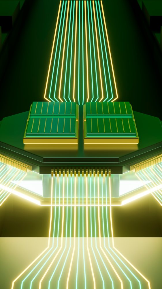 Illustration of a computer chip with green circuit board and gold pins showing digital glowing lines representing data transfer and electronic connections.