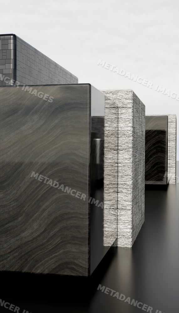 Abstract 3d rendering of black and gray textured cubes on a black