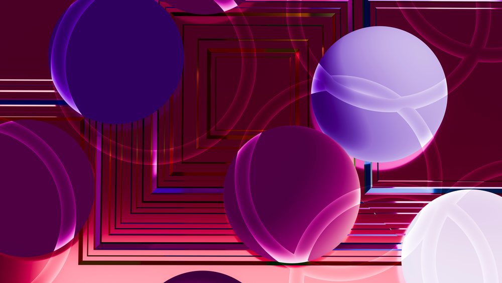 Abstract geometric illustration featuring overlapping translucent purple and magenta spheres with linear patterns.
