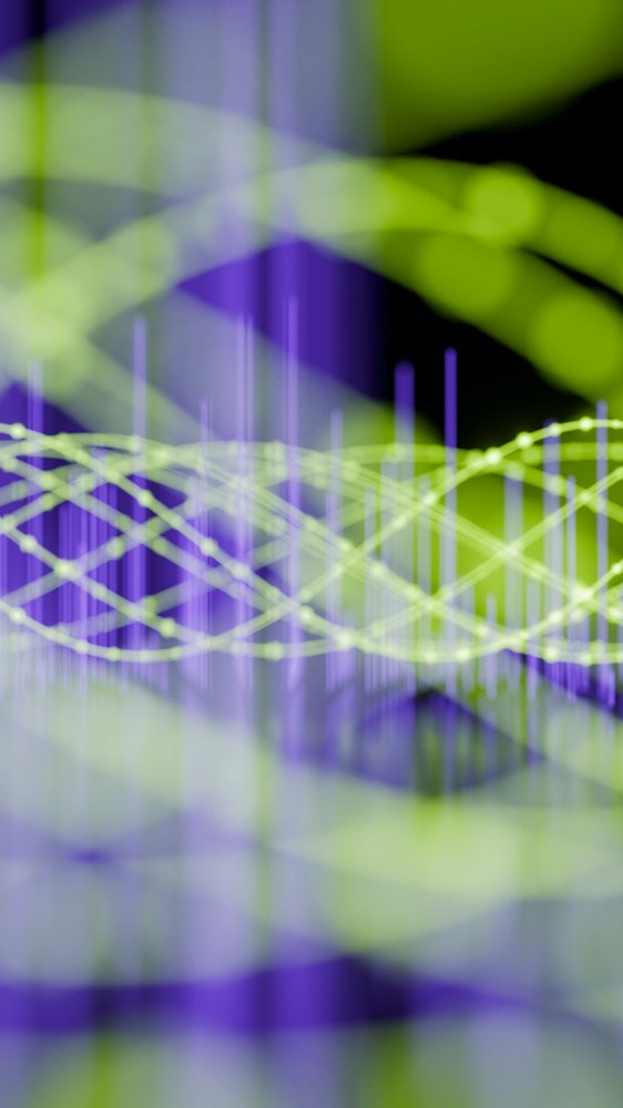 Abstract digital illustration of overlapping green and purple curved glowing lines forming a wave pattern.