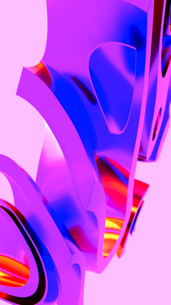 Colorful abstract 3D shapes with smooth curves and vibrant purple, blue, red, and orange reflections creating a dynamic and glossy digital art composition.