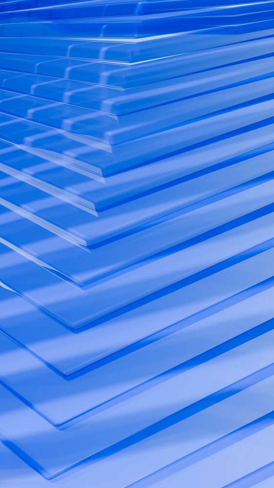 Abstract 3D blue layered geometric pattern with symmetrical reflective surfaces in a modern digital illustration.