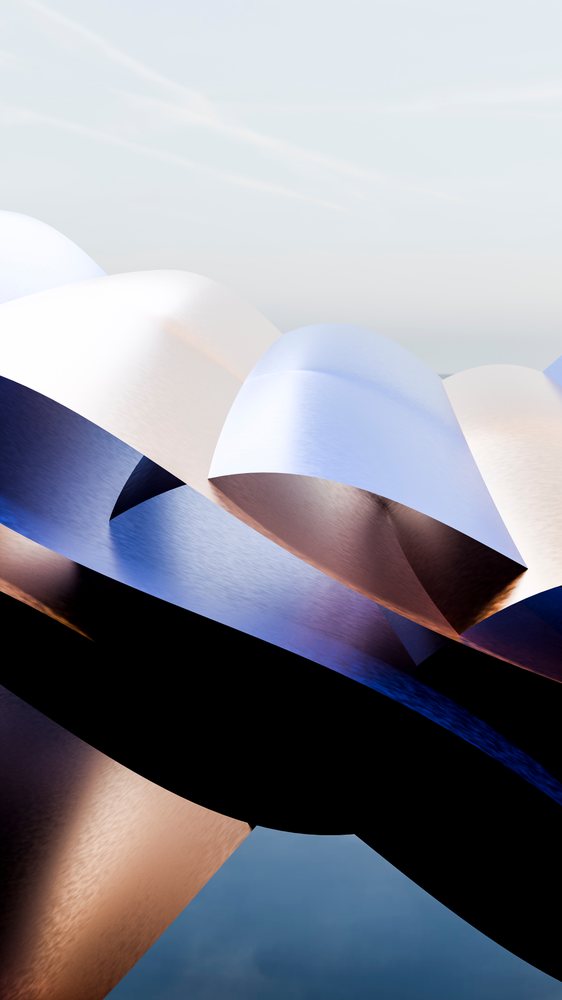 Abstract metallic sculpture with curved folded shapes and blue, brown, and white reflections forming a smooth contemporary design.