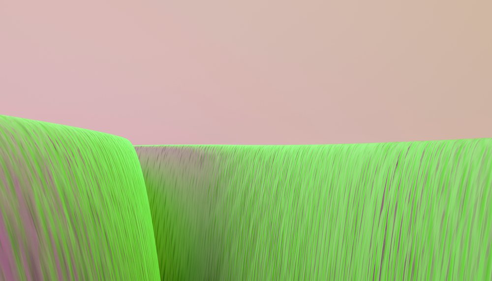 Abstract digital artwork of a smooth green waterfall against a soft pink background.
