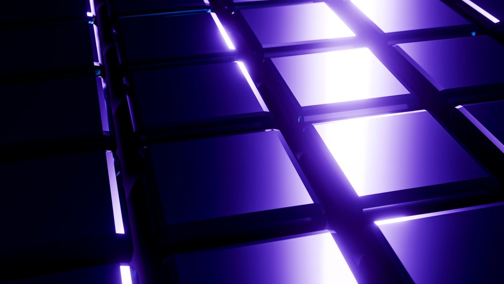 Glossy cubic shapes with purple glowing edges arranged in rows on a dark background in a futuristic 3D digital rendering.