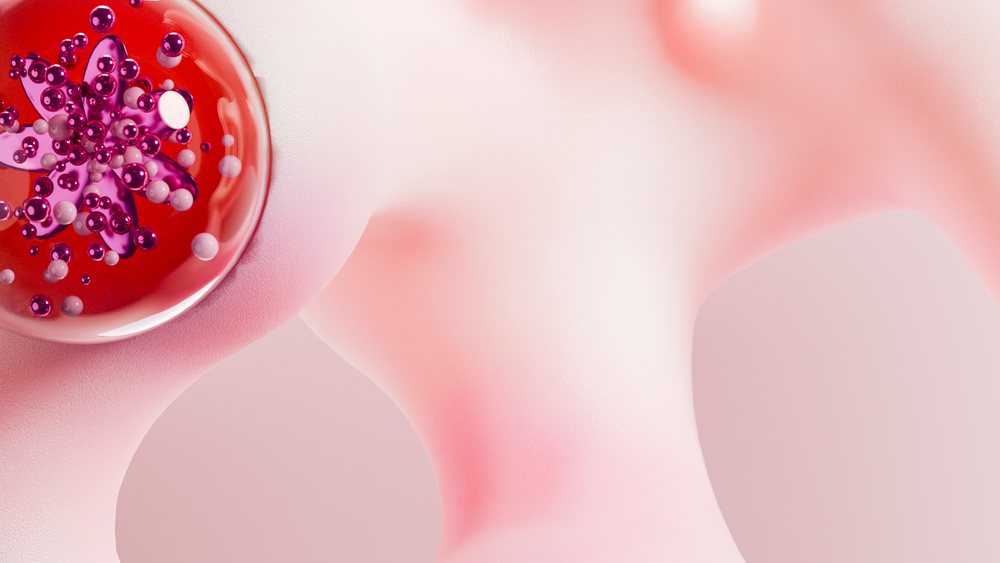 3D rendered molecular structure with red, purple, and white spheres inside an pink shape in transparent liquid.