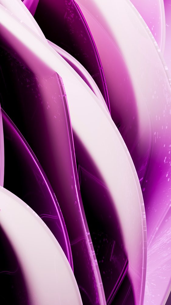 Abstract digital art of glossy purple and white curved shapes forming a flowing pattern.