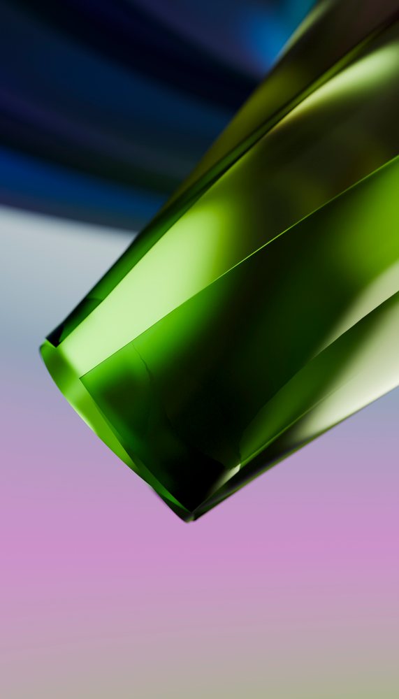 Closeup of the bottom section of a green glass bottle with smooth reflective surface isolated on a gradient background.