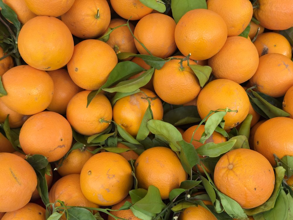 Ripe whole Oranges with green leaves displayed closely packed at a Local Market, Locorotondo, Puglia, Italy.