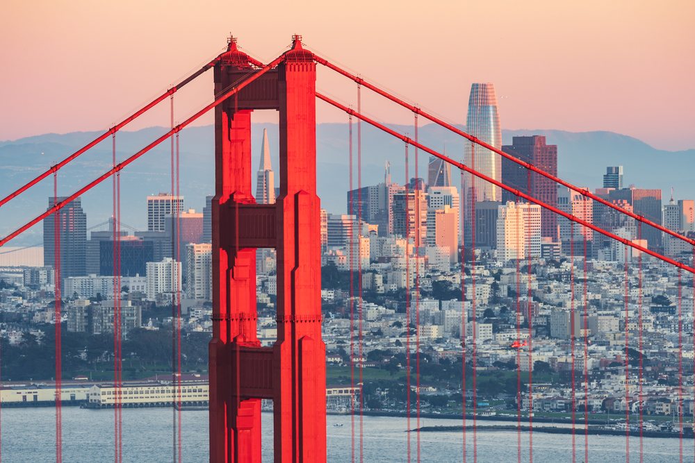 Golden Gate Bridge and Downtown San Francisco at Dusk from Marin Headlands at Dusk.