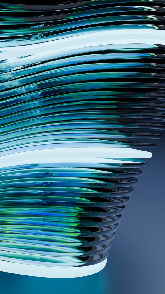 Abstract 3D digital artwork with layered curved blue and green shapes forming a smooth flowing wave pattern.