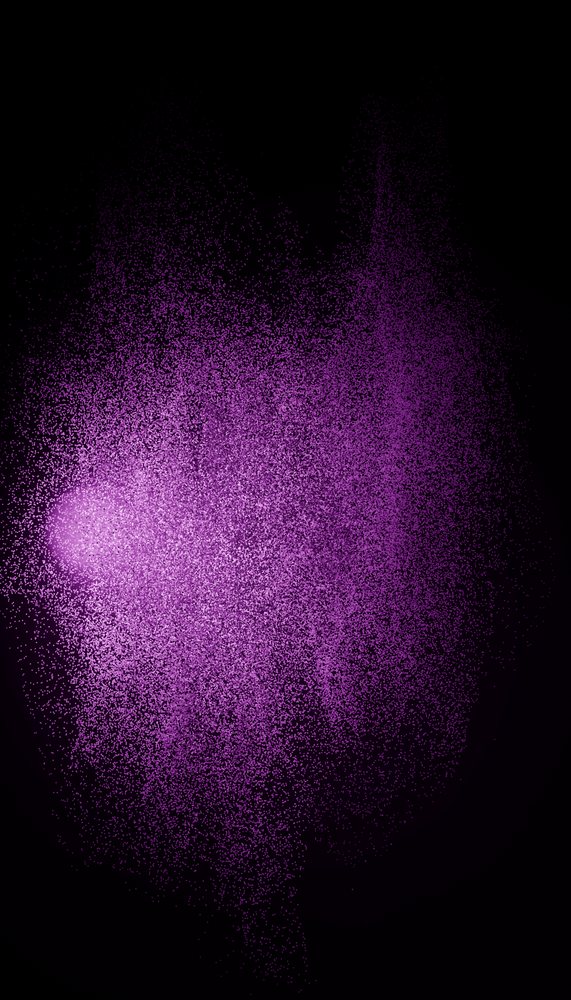 Purple particles dispersed in a cloud against a dark background creating an abstract glowing pattern.