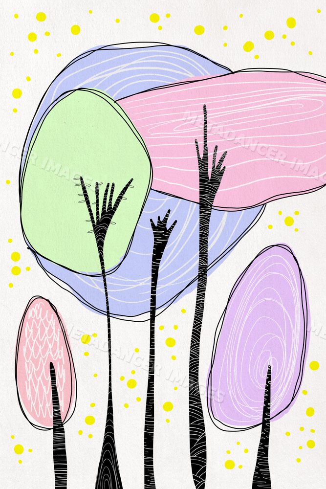 An abstract illustration of colorful whimsical trees with black trunks