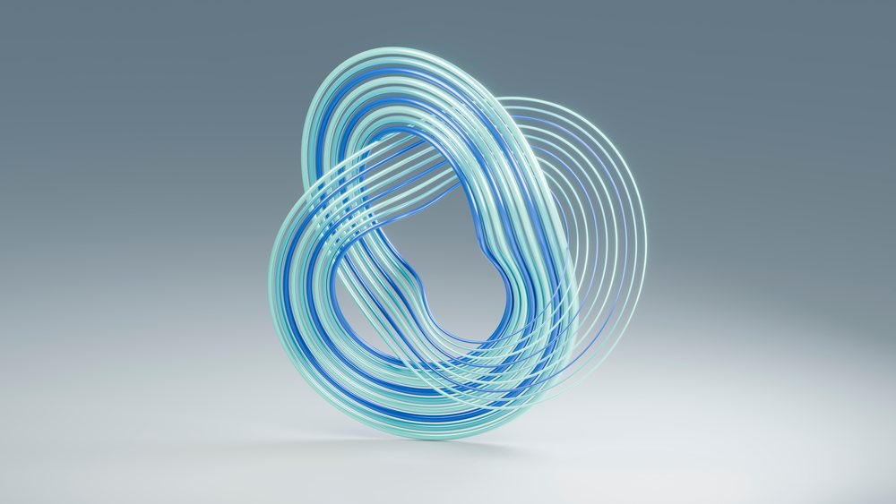 Digital 3D illustration of a floating looping abstract shape formed by blue and turquoise smooth curved lines on a gradient background.