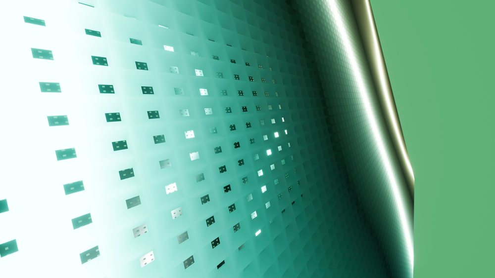 abstract green geometric pattern with illuminated grid-like reflective surface.