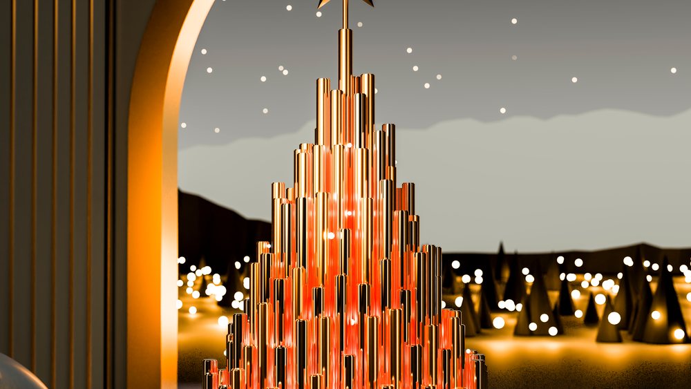 Golden metallic Christmas tree decoration with festive holiday lights.
