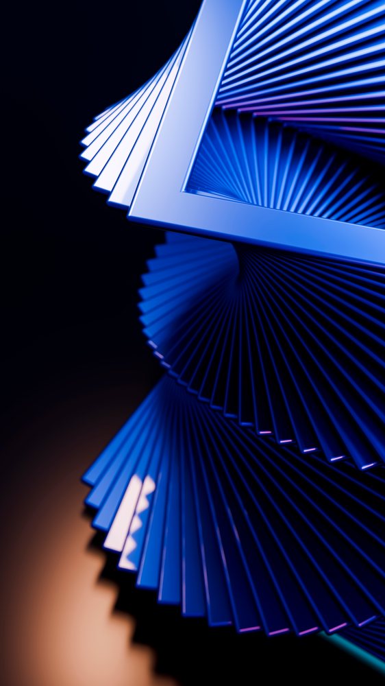 Blue 3D geometric spiral with sharp square edges spiraling against a dark background in digital art illustration.