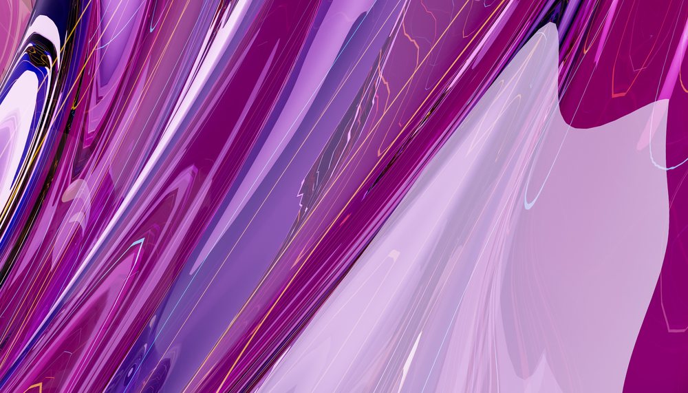 Abstract digital illustration of flowing purple and pink fluid waves with glossy reflections and smooth swirls.
