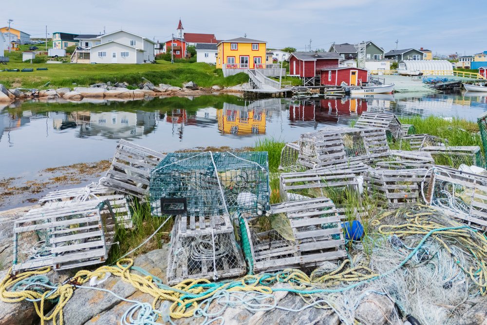 Fishing harbour with stacked lobster traps and ropes on rocks beside calm reflective water and houses, Landscape, Wildlife, Lifestyle, Greenspond, Newfoundland & Labrador, Canada.