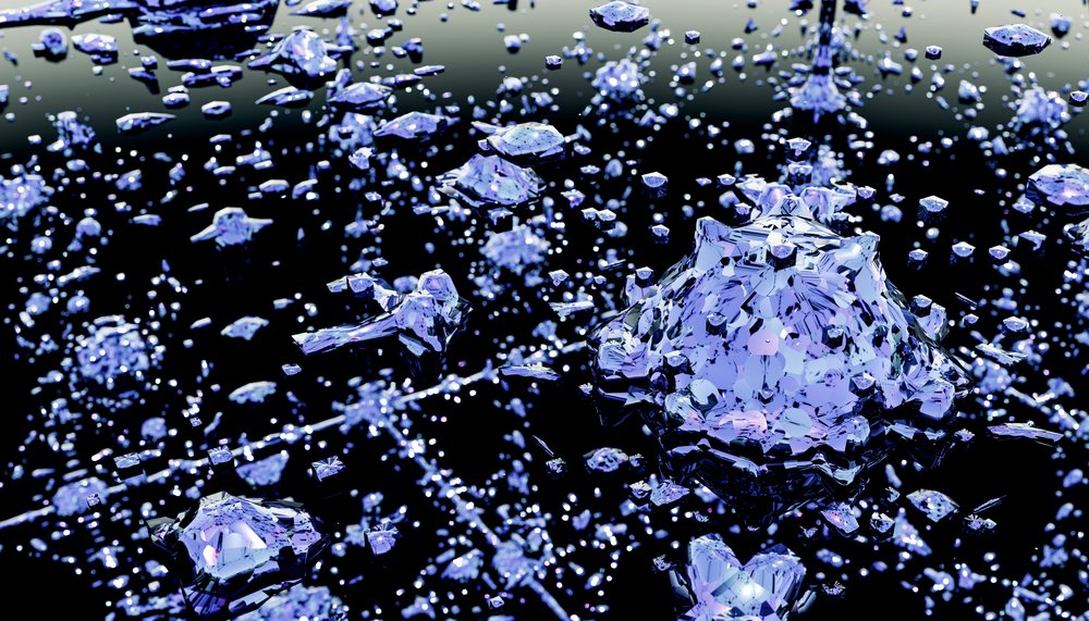 Blue crystal clusters with faceted surfaces floating against a black background in a digital abstract composition.