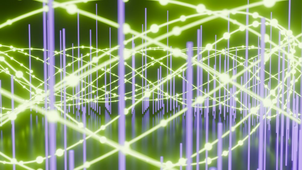 3D digital illustration showing a glowing network with intersecting lines, dots, and vertical purple bars on a green background.