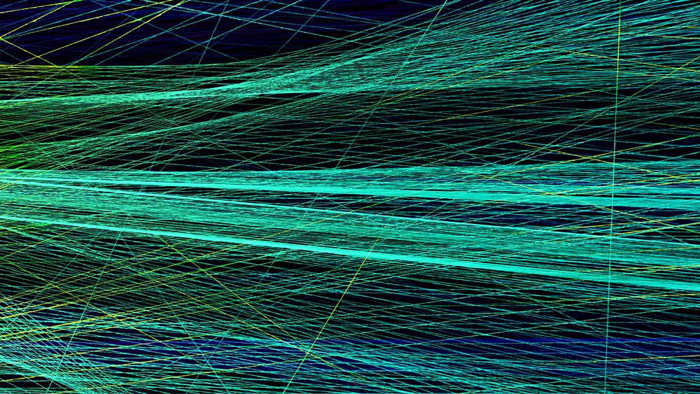 Abstract digital art featuring intersecting, glowing turquoise and blue lines on a black background.
