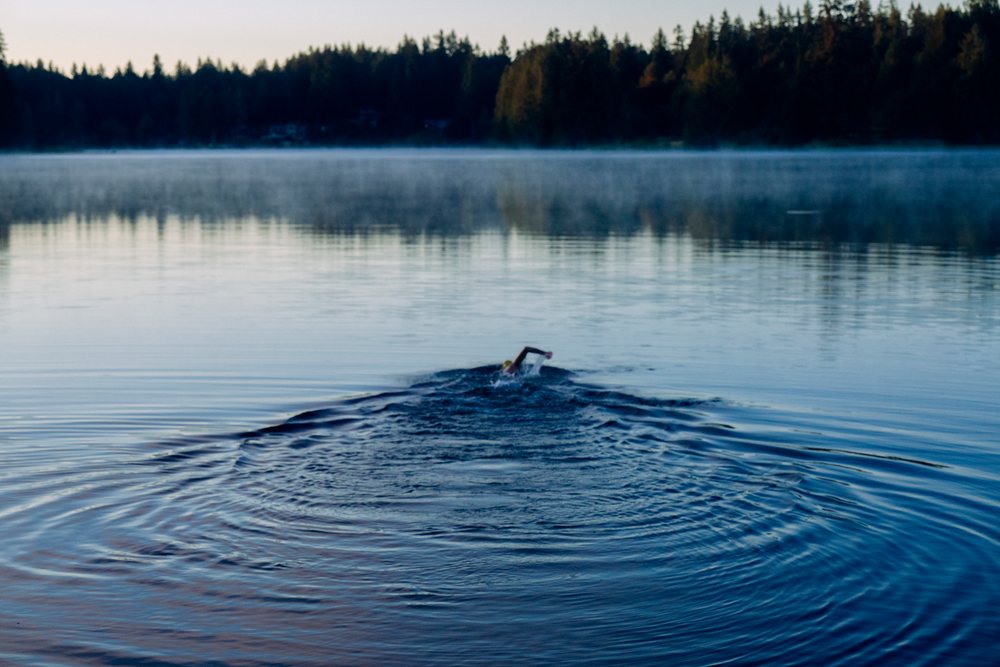 Swimmer performing freestyle stroke in a calm lake with morning mist and forest in the background, USA.