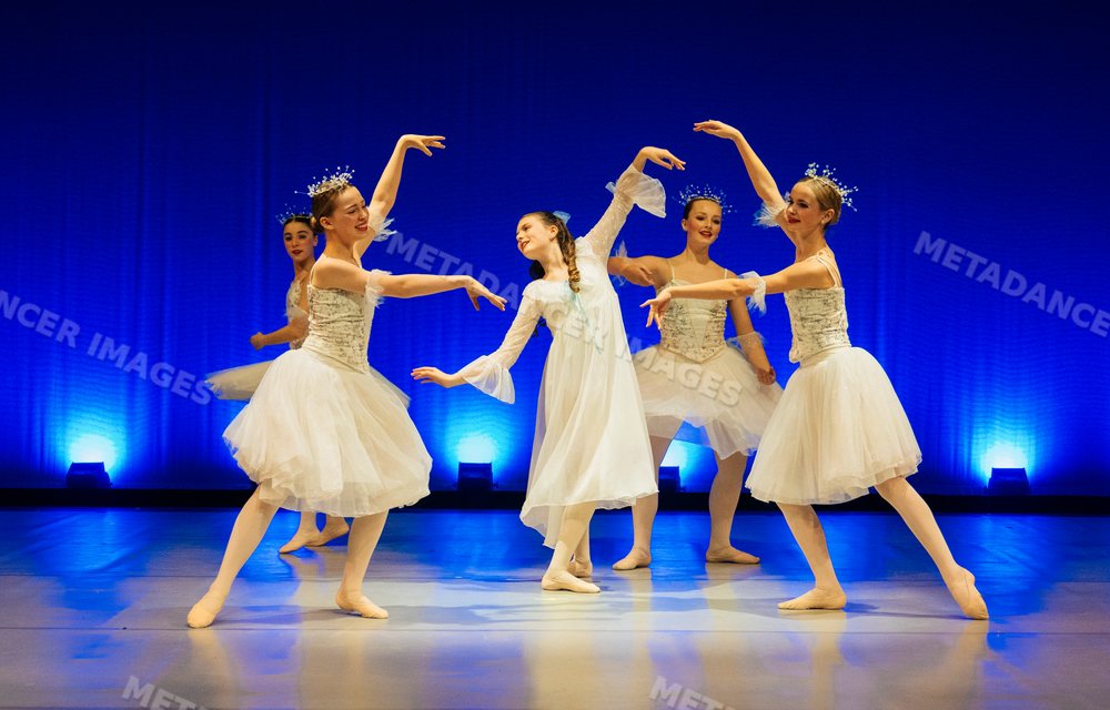 Five female ballet dancers perform