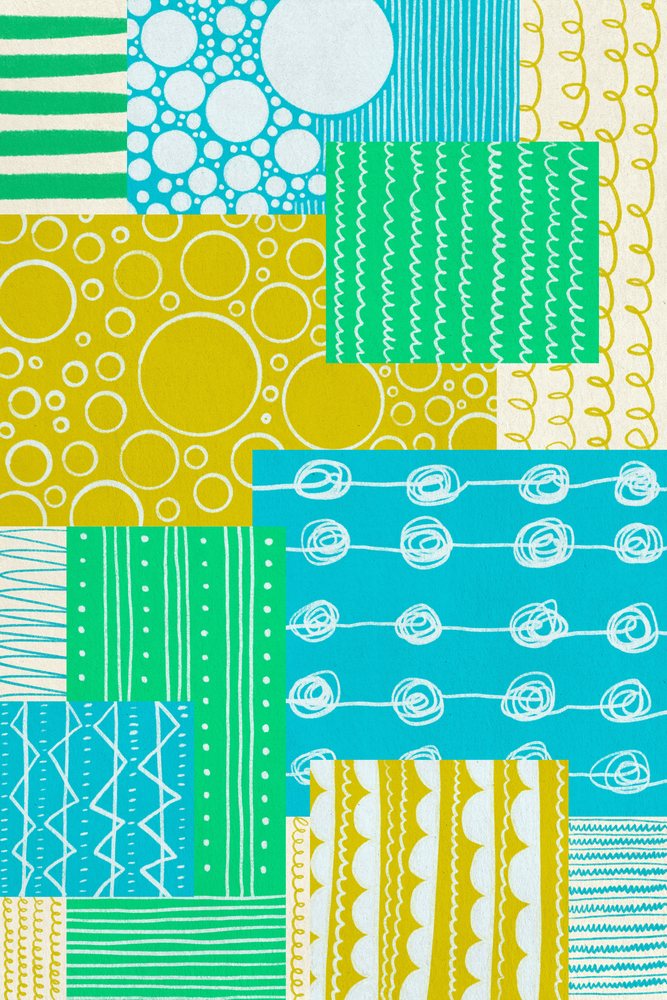 Illustration of colorful geometric patterns with circles and stripes.