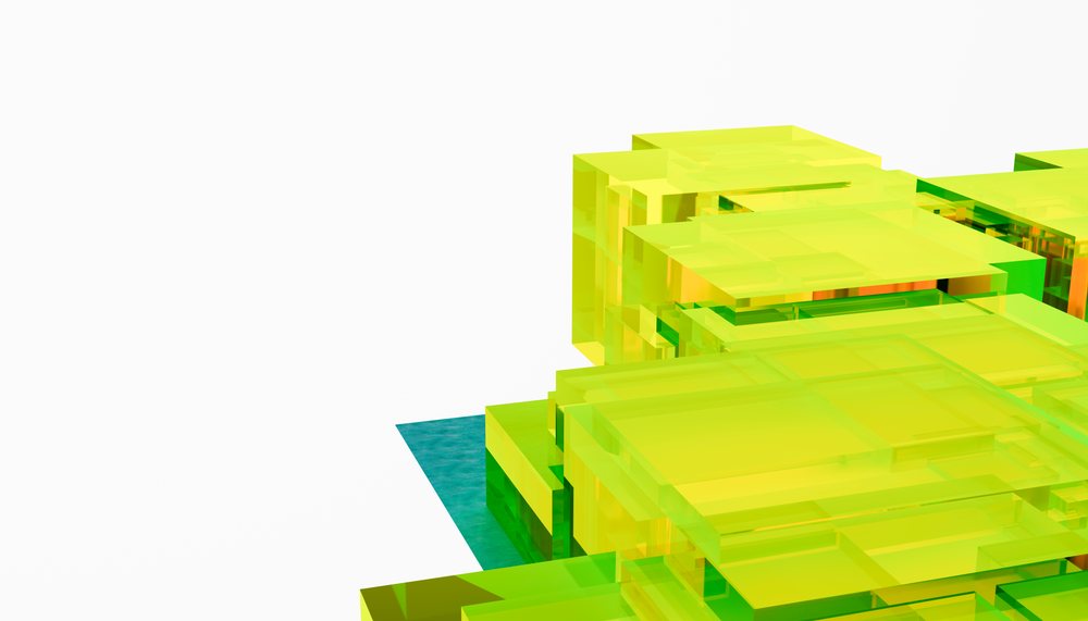 abstract composition of transparent green and yellow 3d blocks stacked and layered on white background.