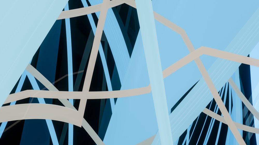 Abstract digital illustration featuring overlapping blue and beige geometric lines and shapes.