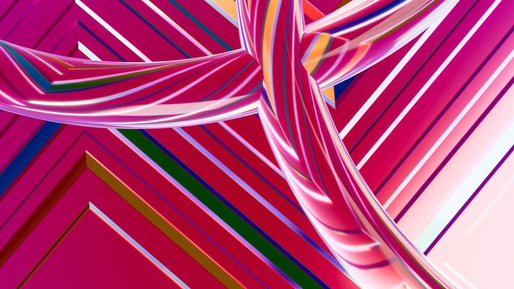 3D digital abstract art showing colorful twisted striped shapes with a geometric pattern.