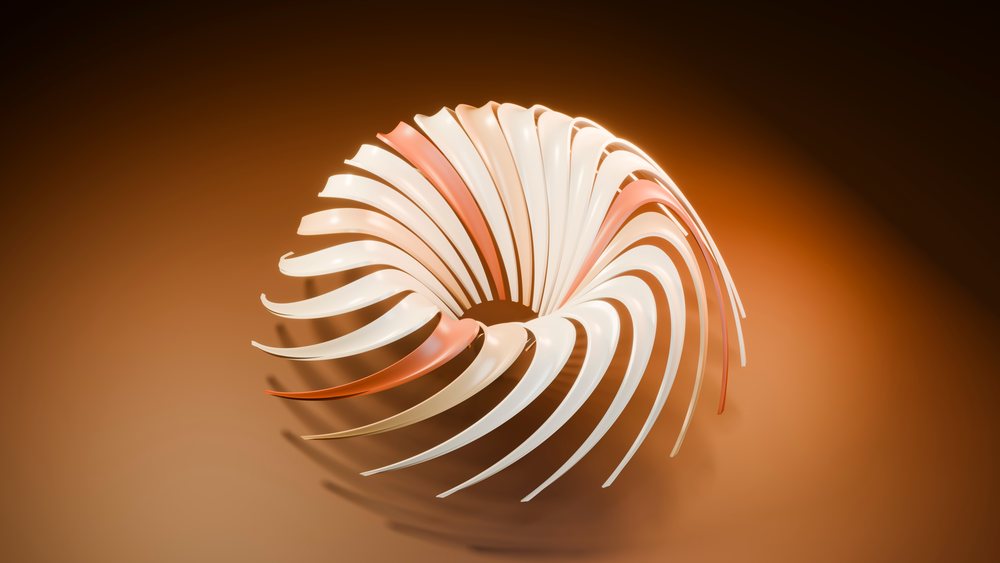 Abstract 3D digital sculpture featuring flowing curved ribbons in a spiral shape on an orange gradient background.
