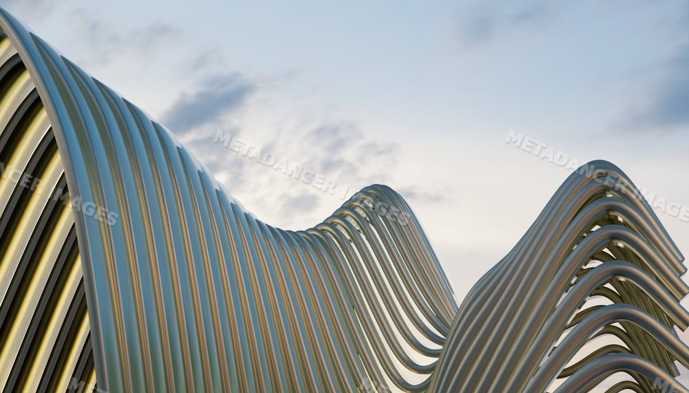 Curved metal tubes stacked in an abstract industrial pattern