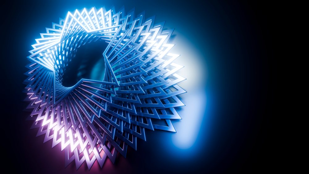 Abstract geometric metal sculpture with spiral form.